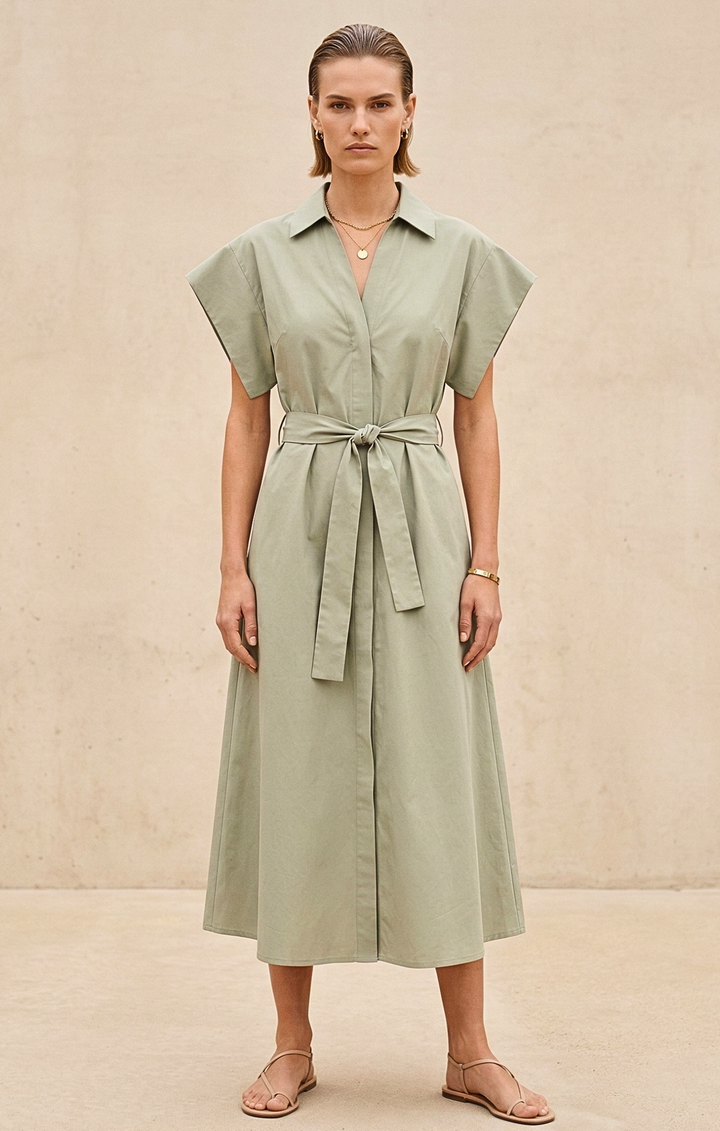 Woman wearing a light green dress with a belt against a beige background