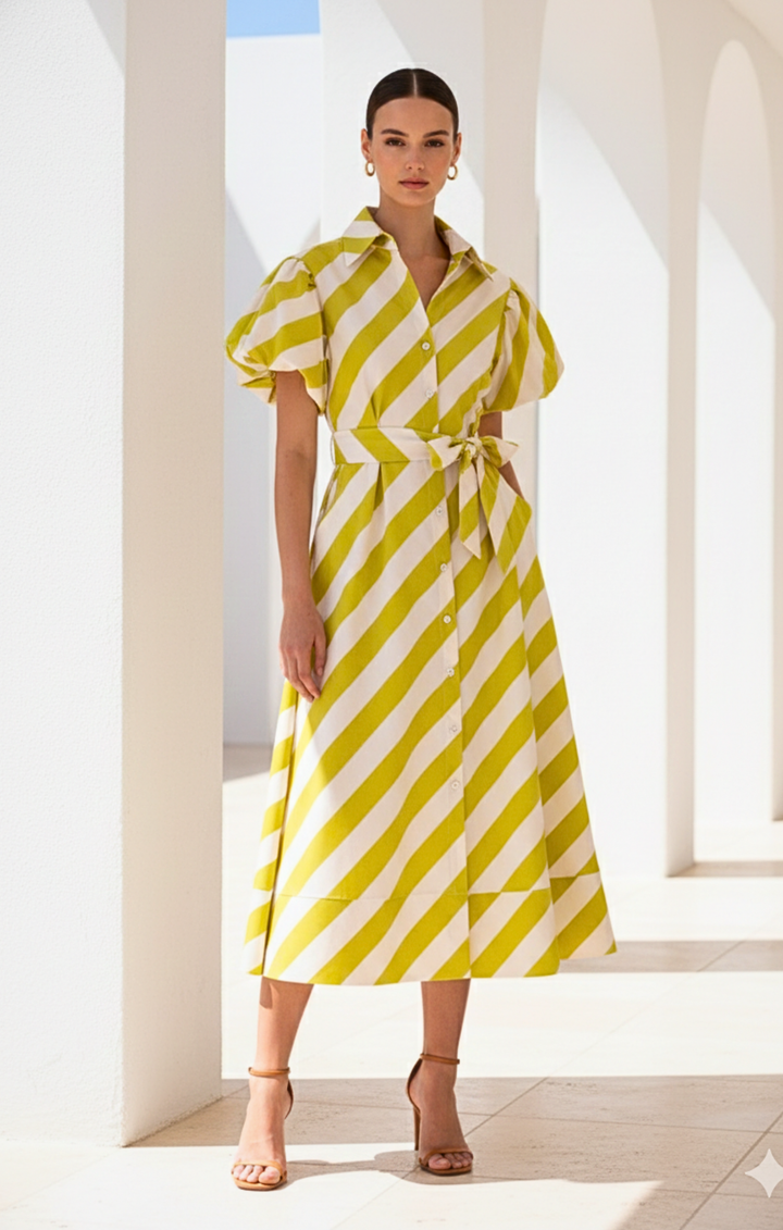 Woman wearing a yellow and white striped dress in a bright interior setting