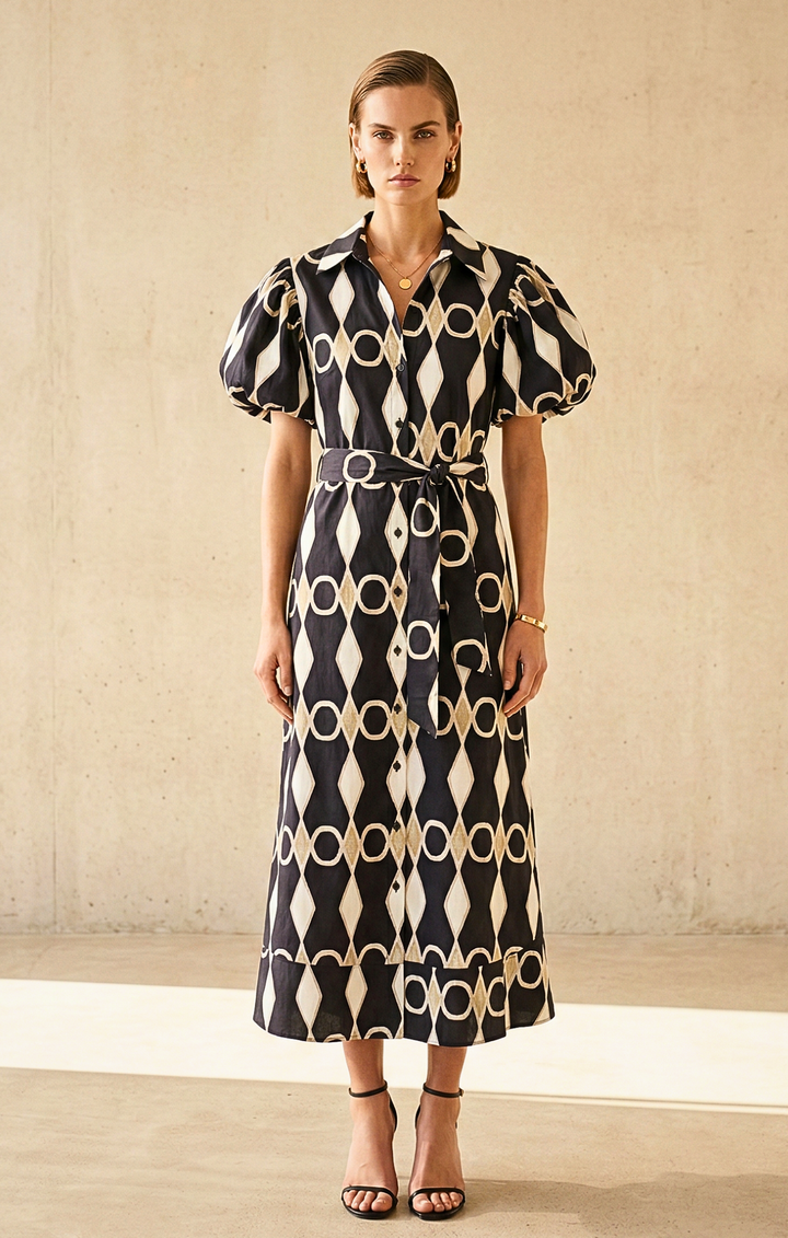 Woman wearing a patterned dress with a belt against a neutral background