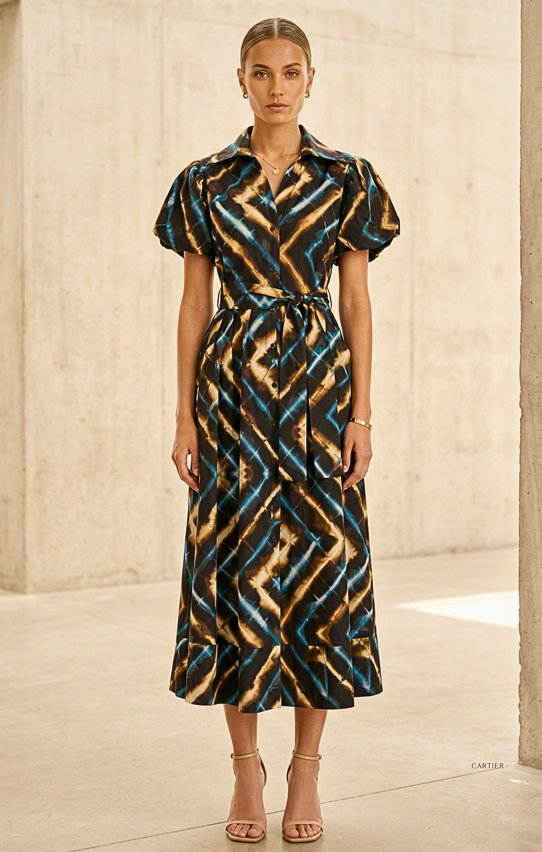 Woman wearing a patterned dress against a neutral background