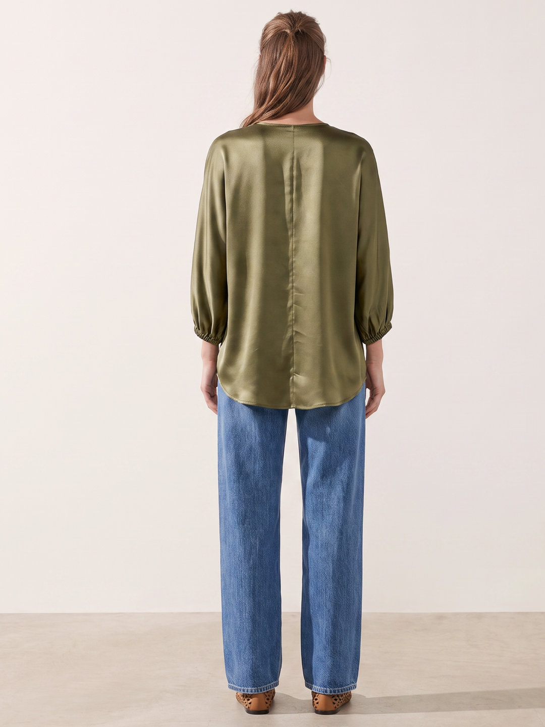 Nicolette Satin Gathered V-Neck Blouse | Balloon Sleeve Top