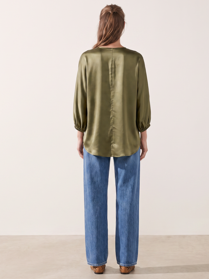 Nicolette Satin Gathered V-Neck Blouse | Balloon Sleeve Top