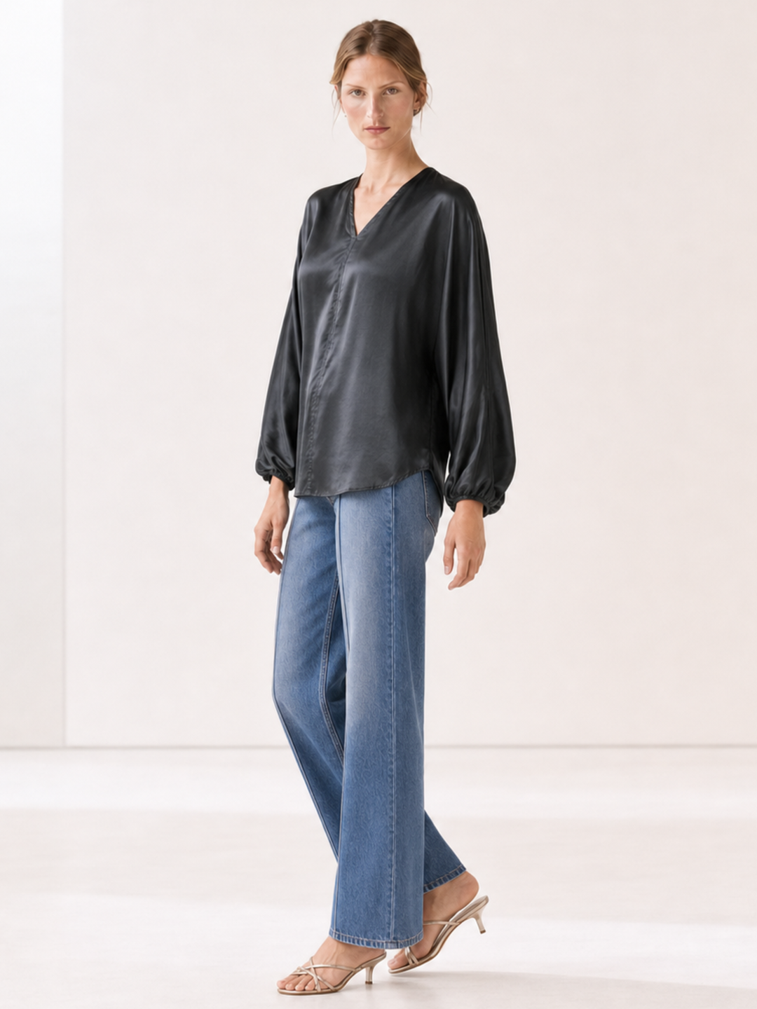 Nicolette Satin Gathered V-Neck Blouse | Balloon Sleeve Top