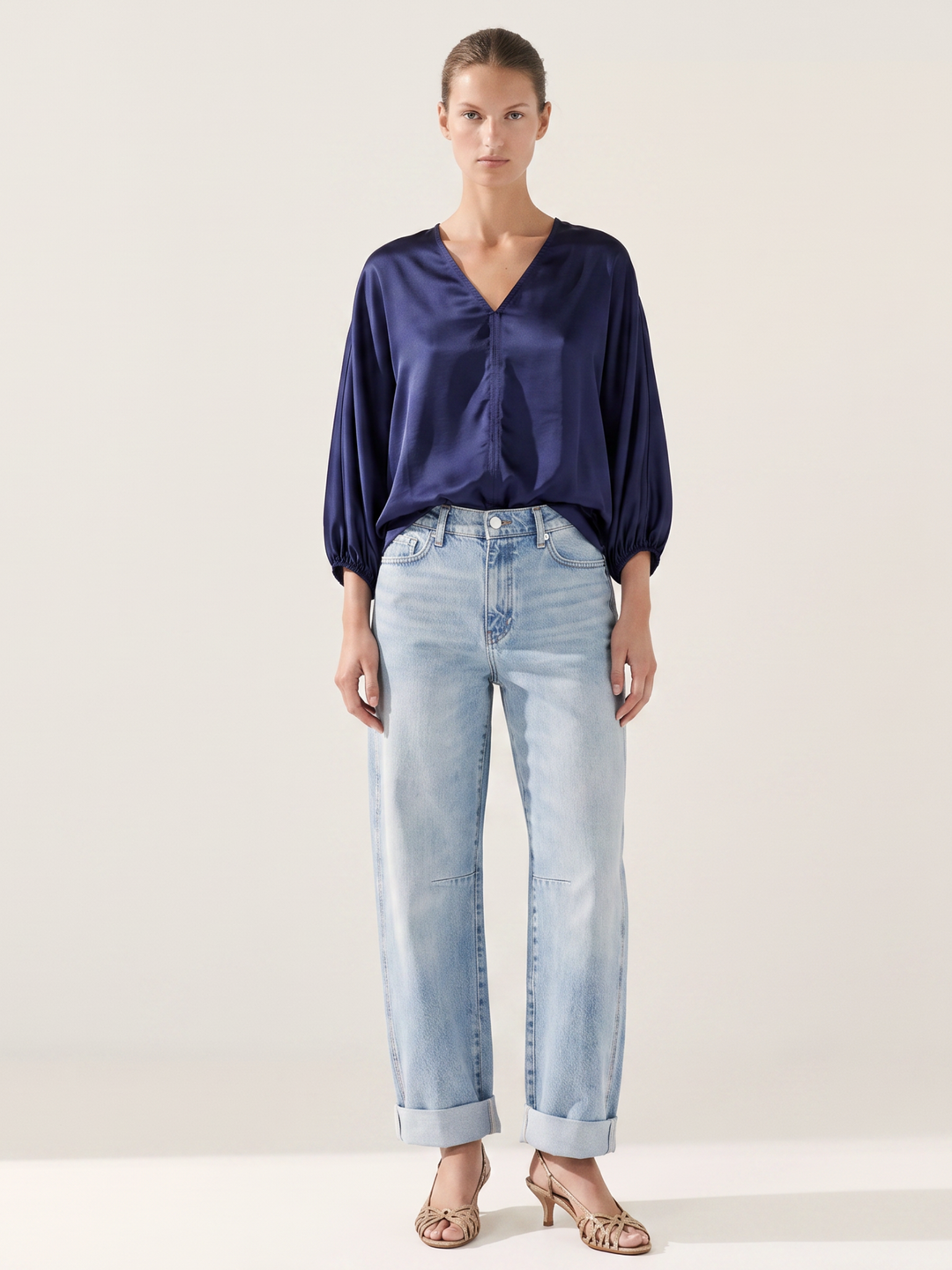 Nicolette Satin Gathered V-Neck Blouse | Balloon Sleeve Top