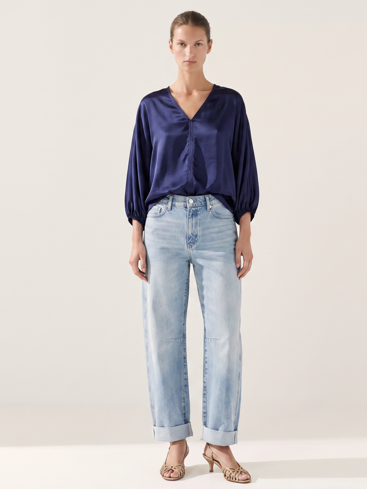 Nicolette Satin Gathered V-Neck Blouse | Balloon Sleeve Top