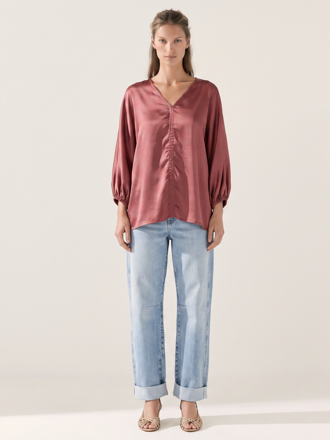 Nicolette Satin Gathered V-Neck Blouse | Balloon Sleeve Top