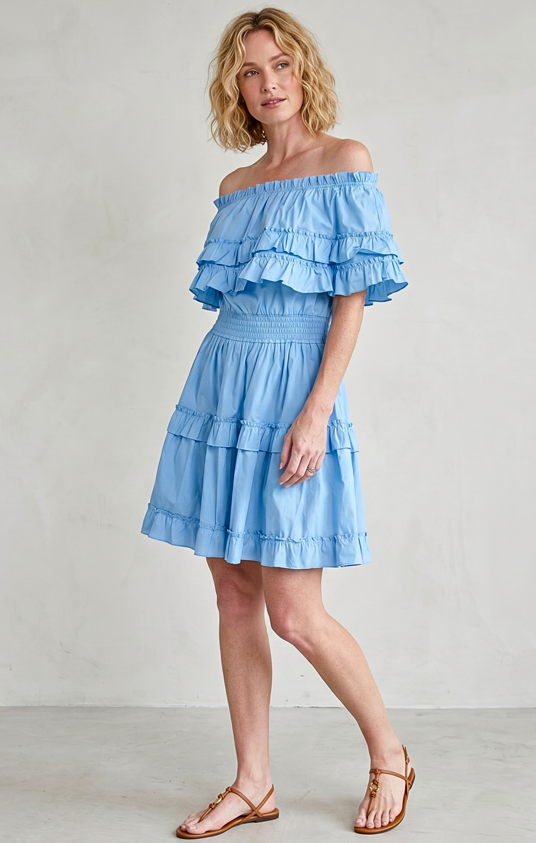 RIZA OFF-SHOULDER TIERED MINI DRESS