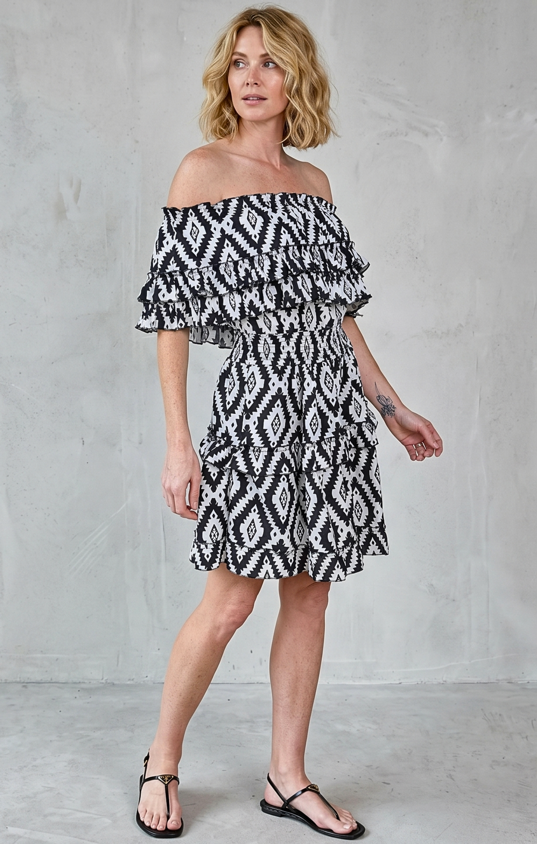 RIZA OFF-SHOULDER TIERED MINI DRESS
