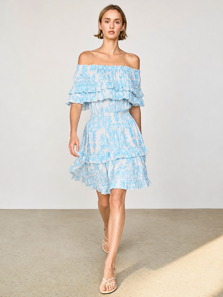 RIZA OFF-SHOULDER TIERED MINI DRESS