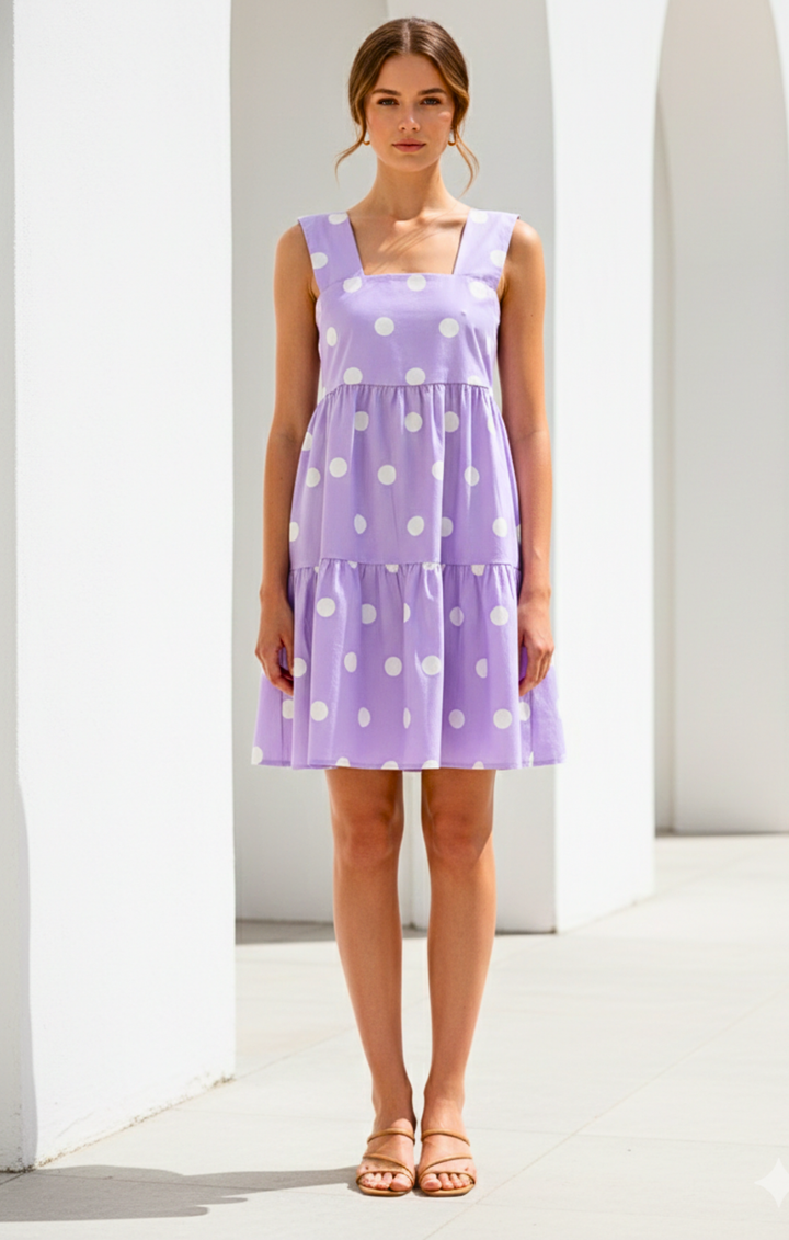 Woman wearing a purple dress with white polka dots against a white background