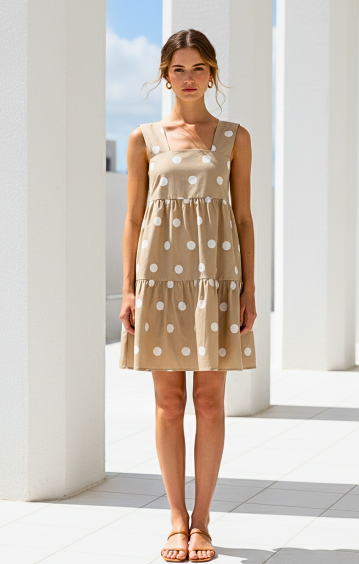 Woman wearing a beige dress with white polka dots standing in front of classical columns.
