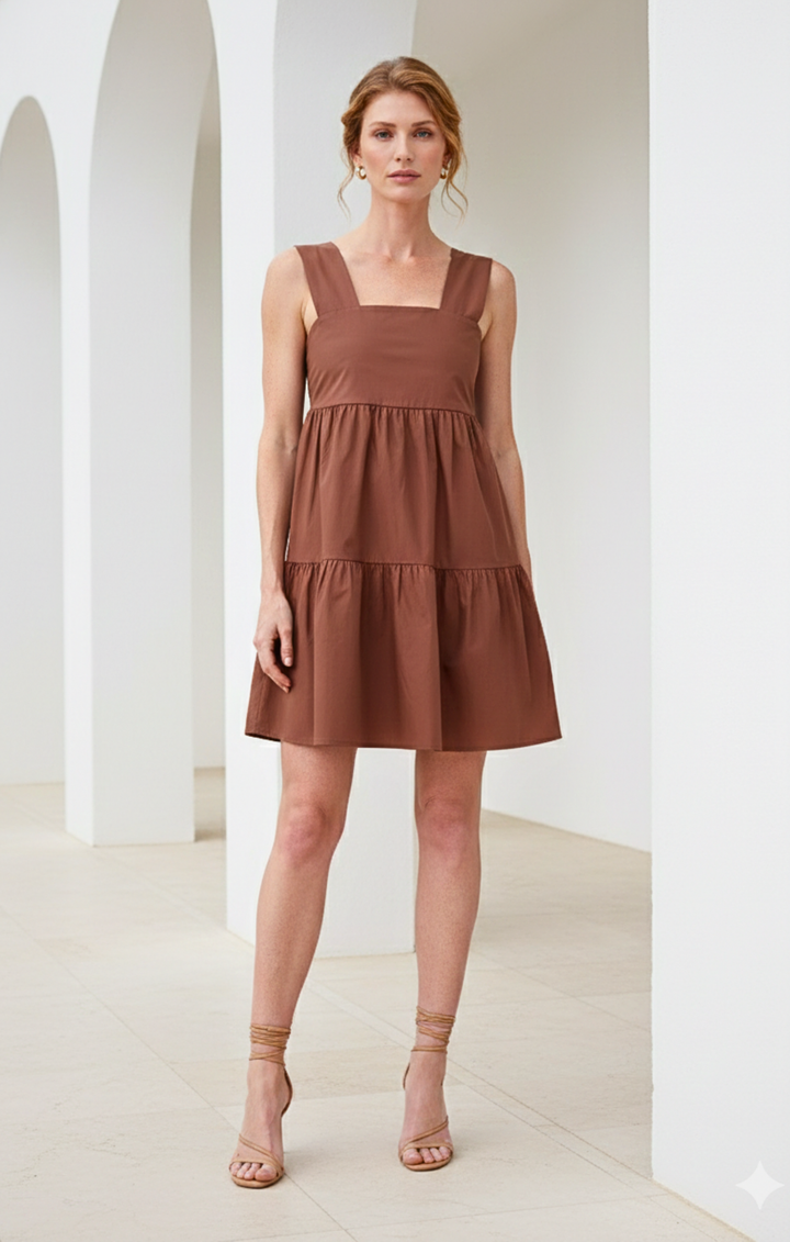 Woman wearing a brown dress in a minimalistic setting