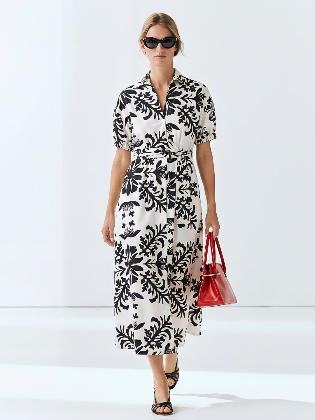 A woman modeling a short-sleeve midi dress with a black and white floral and star pattern, holding a red handbag against a clean white studio background.