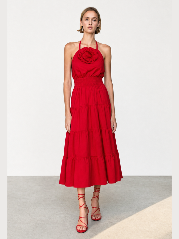 SYLVIE ROSETTE HALTER MIDI DRESS