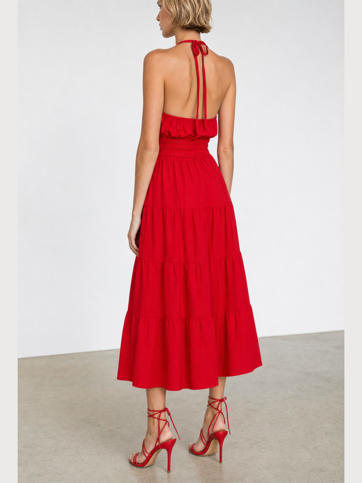 SYLVIE ROSETTE HALTER MIDI DRESS