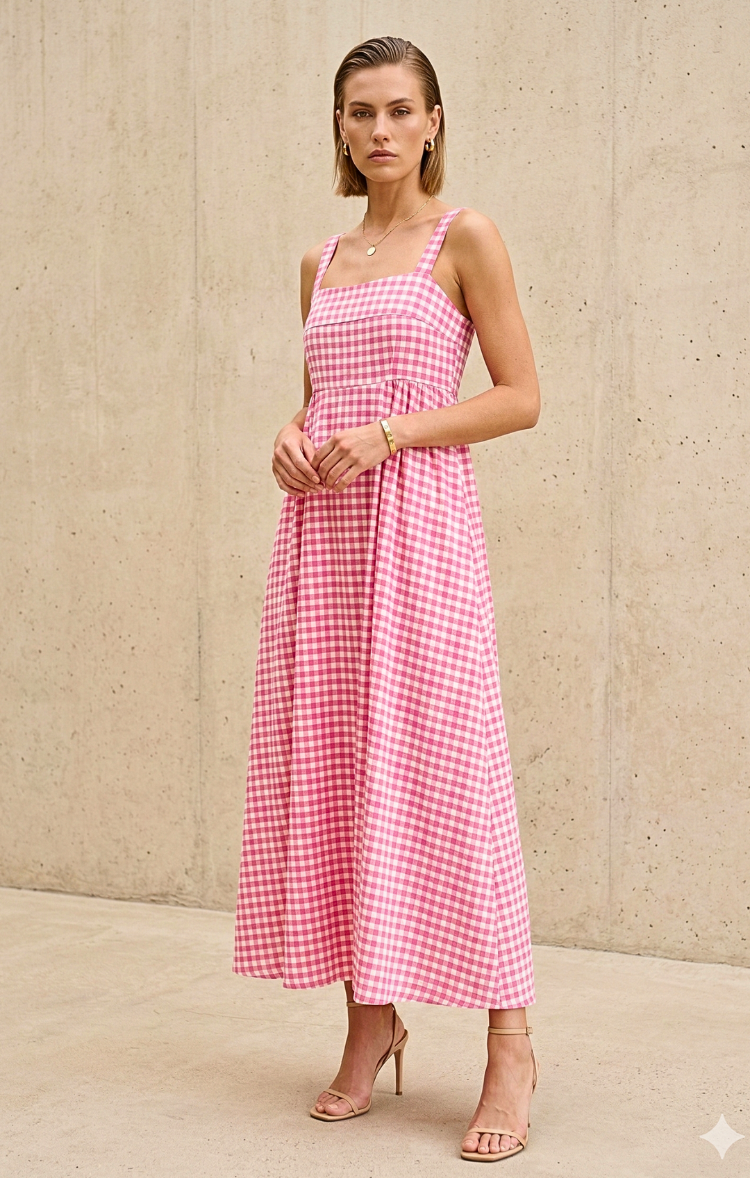 Woman wearing a pink gingham dress against a beige background