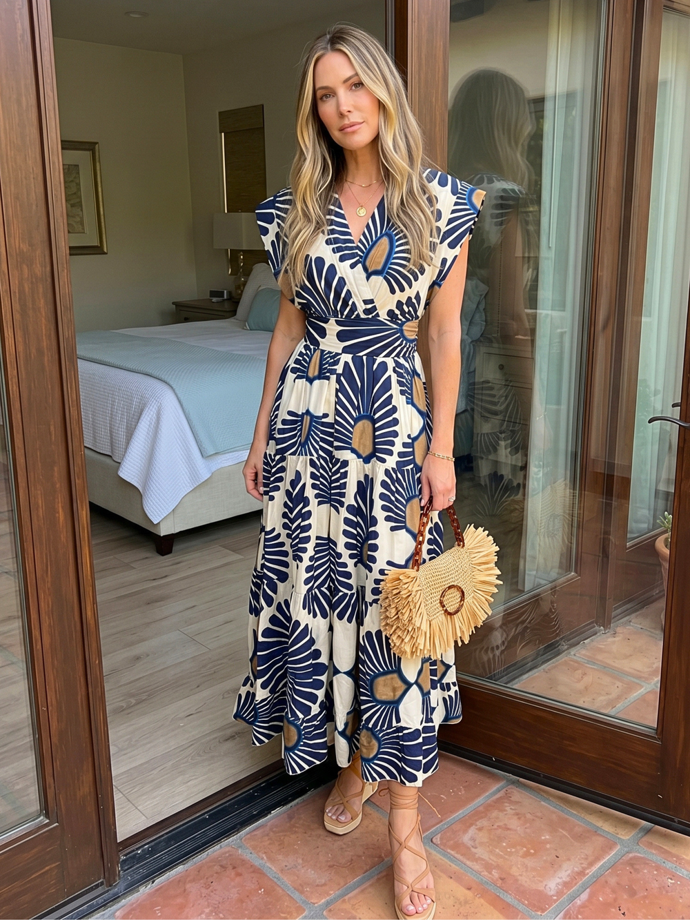 Woman in a blue and white patterned dress holding a straw bag in a room with wooden flooring.