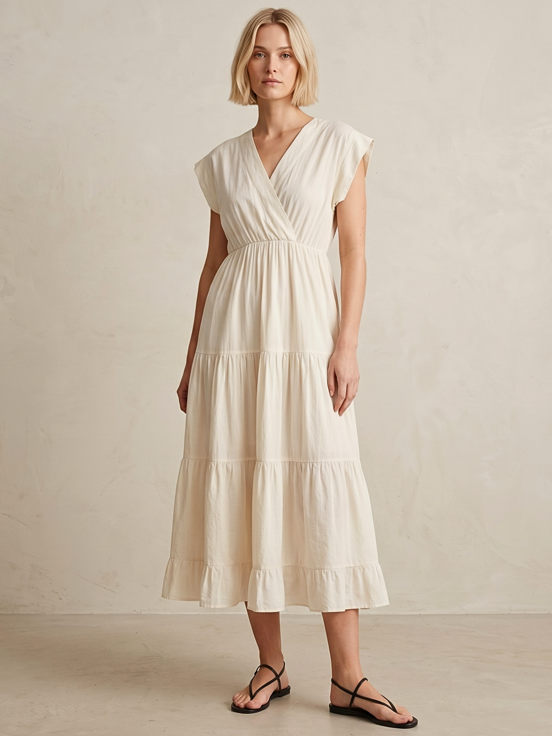 Woman wearing a white dress against a plain background