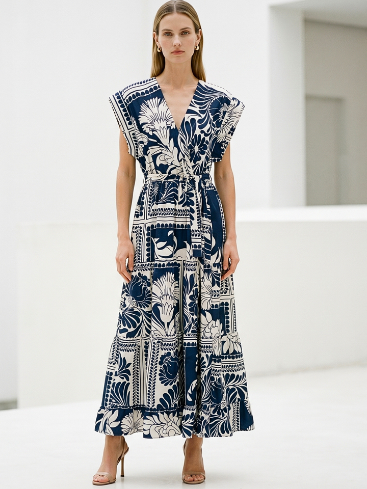 Woman wearing a blue and white patterned dress in a minimalistic setting