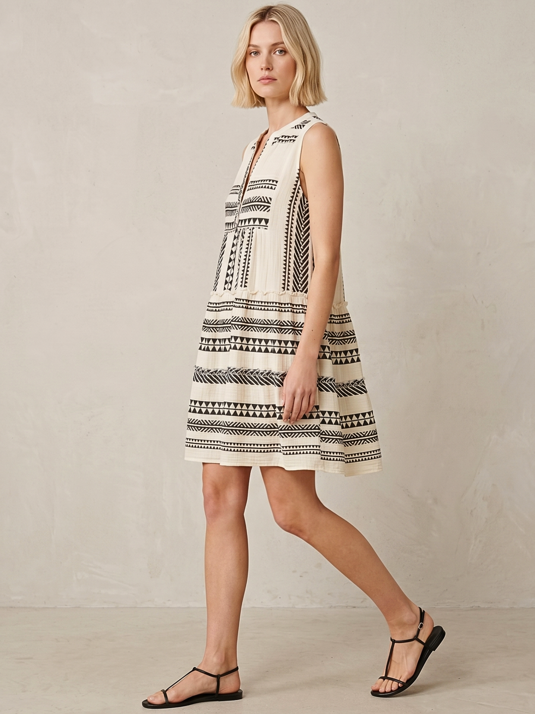 THE VALENTINA SLEEVELESS TIERED COTTON MINI BOHO DRESS