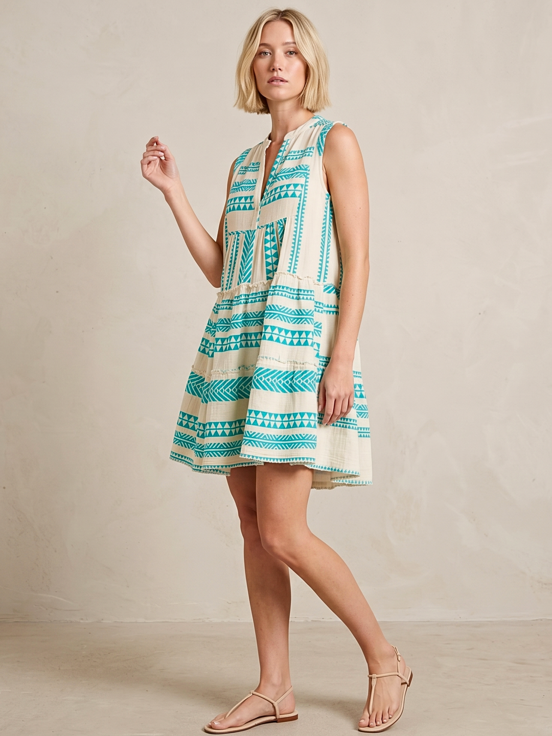 THE VALENTINA SLEEVELESS TIERED COTTON MINI BOHO DRESS