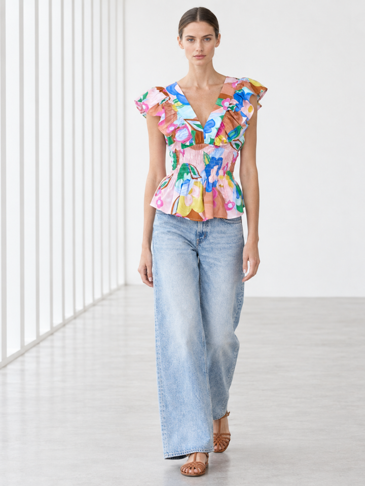 Cloet Ruffle V-Neck Smocked Peplum Top
