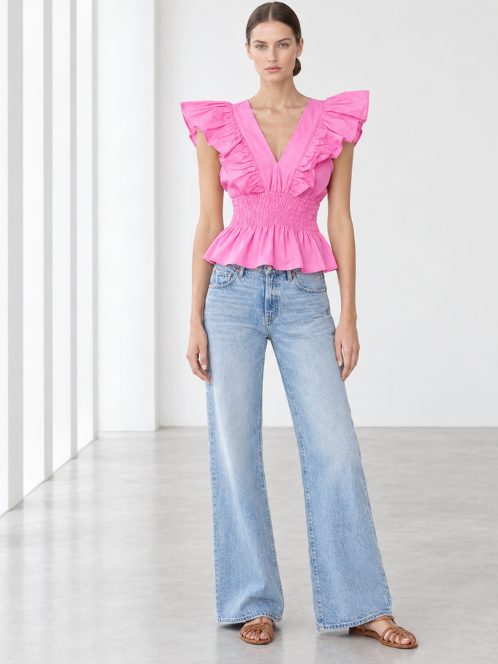 Cloet Ruffle V-Neck Smocked Peplum Top