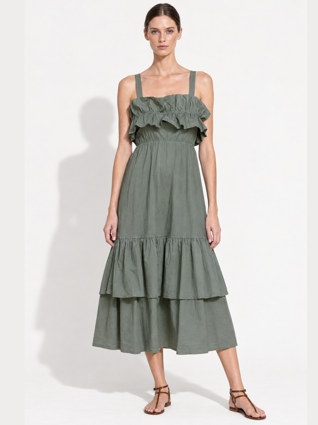 Fabiana Tiered Ruffle Midi Dress – Sleeveless Cotton Sundress