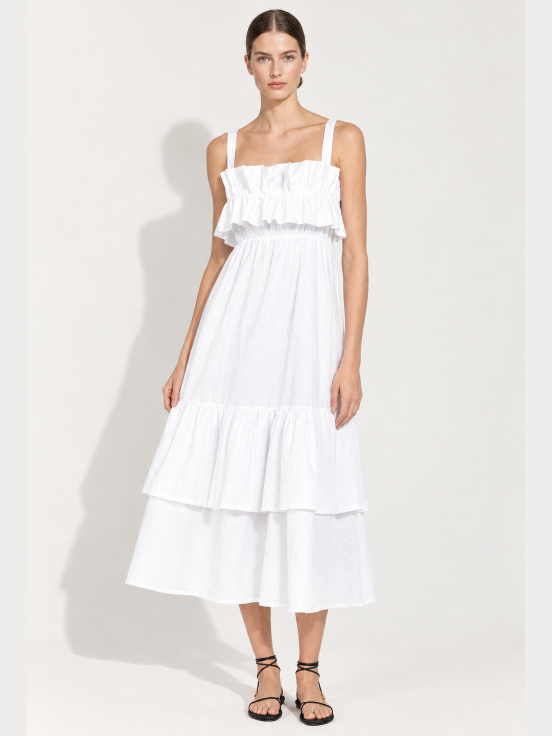 Fabiana Tiered Ruffle Midi Dress – Sleeveless Cotton Sundress