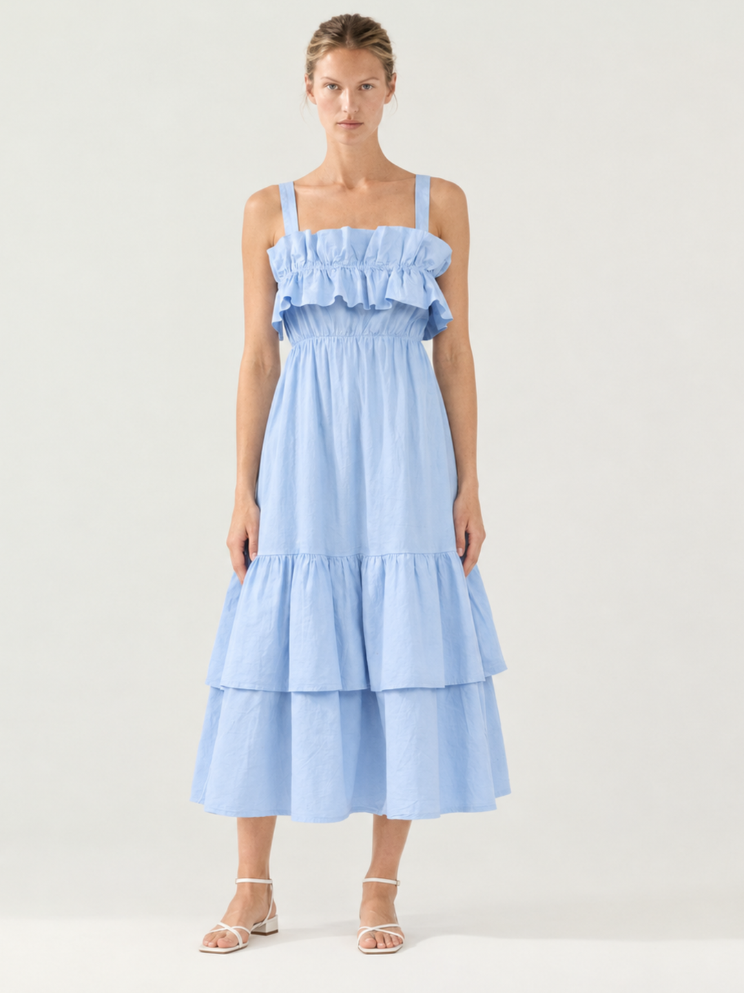 Fabiana Tiered Ruffle Midi Dress – Sleeveless Cotton Sundress