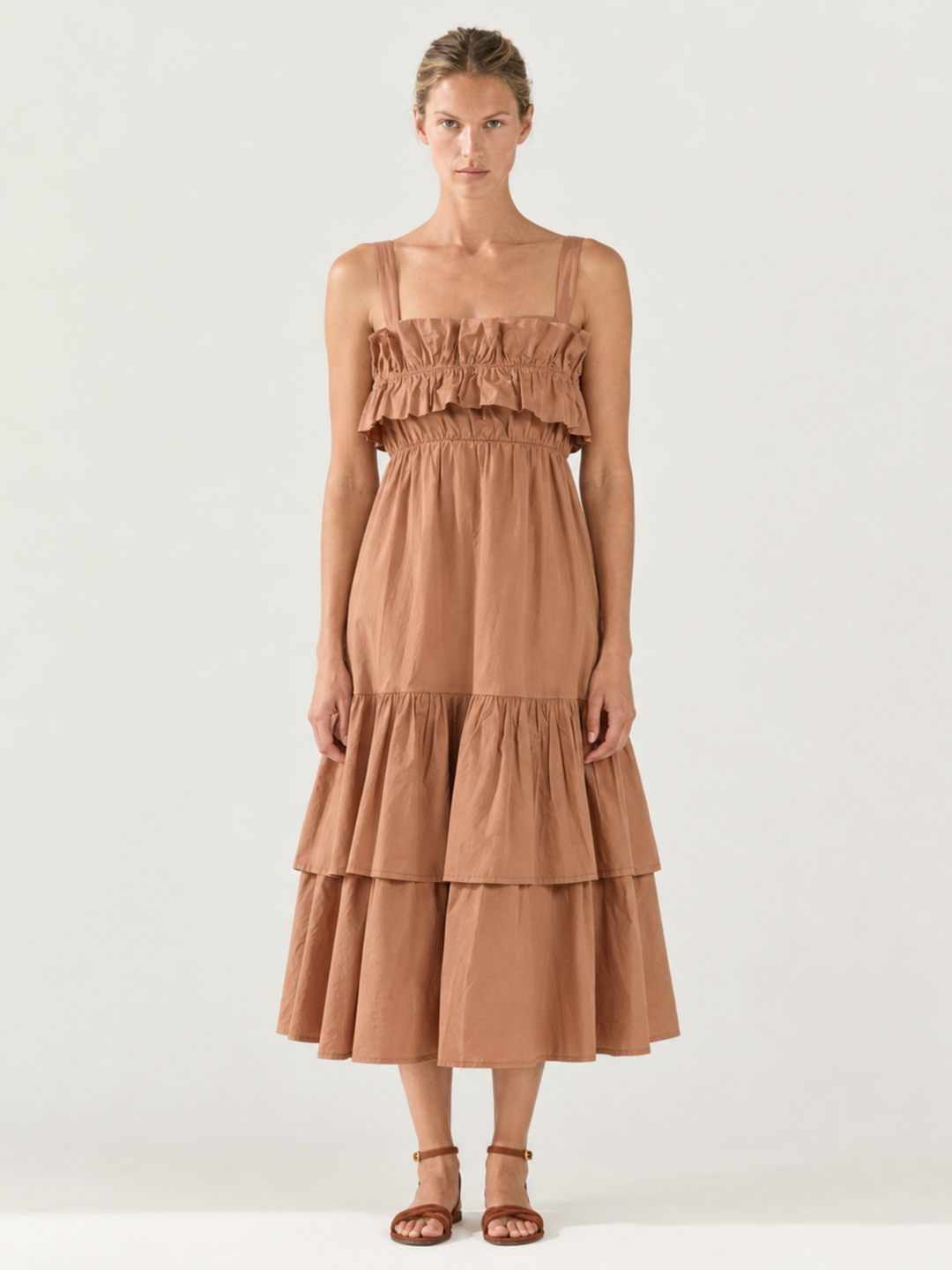 Fabiana Tiered Ruffle Midi Dress – Sleeveless Cotton Sundress