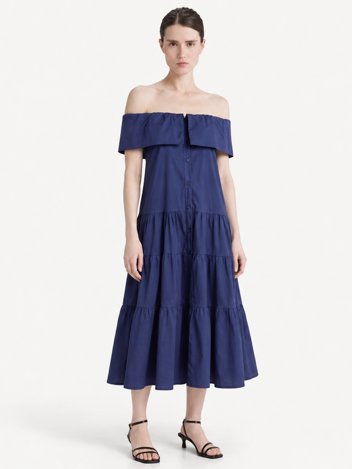 Halima Off-the-Shoulder Button-Down Tiered Midi Dress