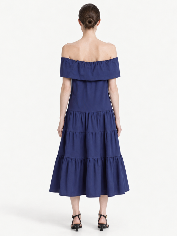 Halima Off-the-Shoulder Button-Down Tiered Midi Dress