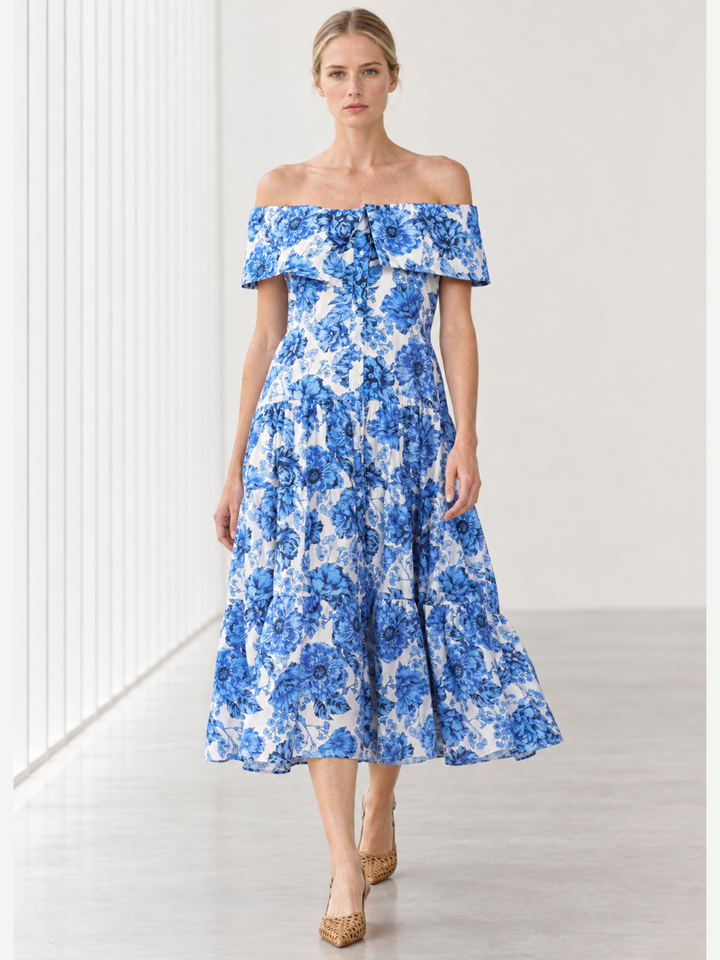 Halima Off-the-Shoulder Button-Down Tiered Midi Dress