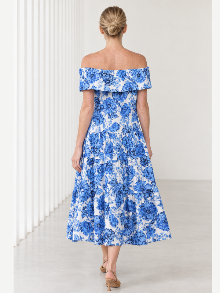 Halima Off-the-Shoulder Button-Down Tiered Midi Dress