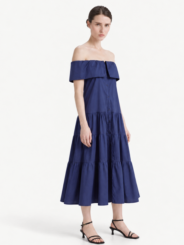 Halima Off-the-Shoulder Button-Down Tiered Midi Dress