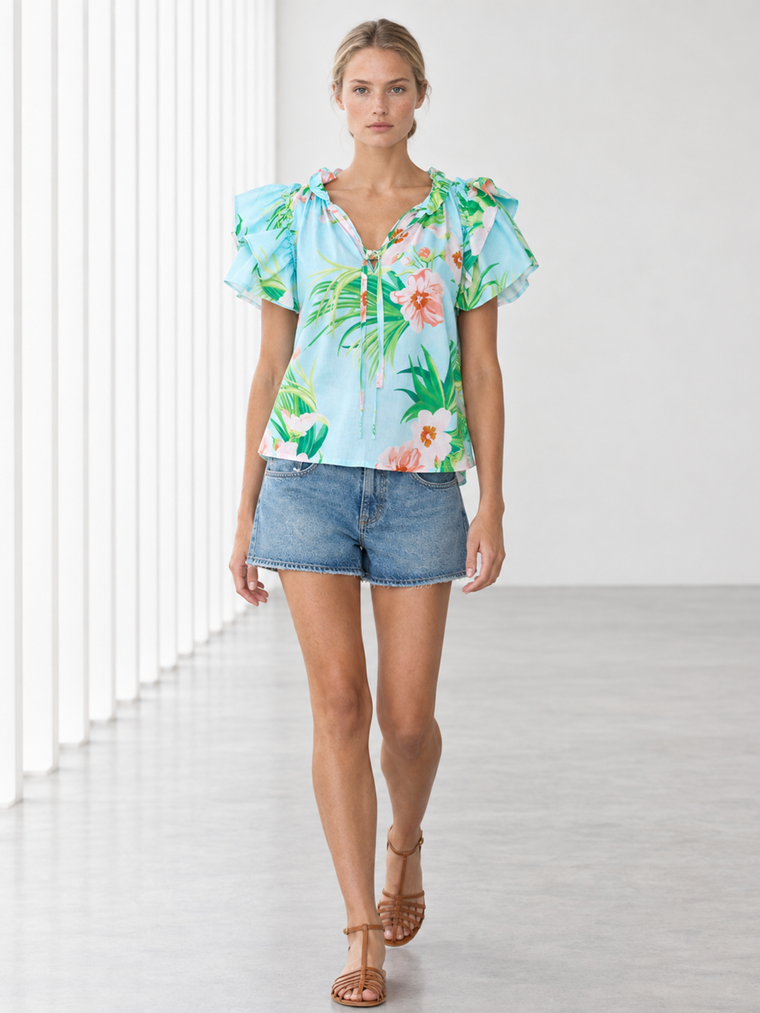 KATA RUFFLE FLUTTER-SLEEVE TOP