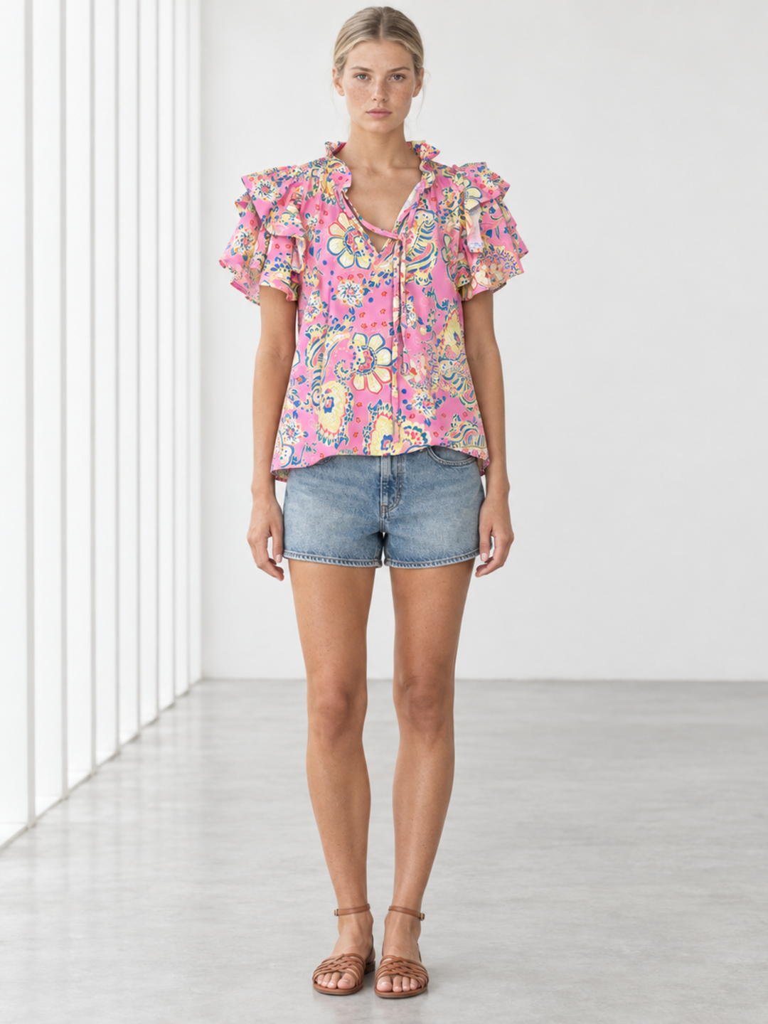 KATA RUFFLE FLUTTER-SLEEVE TOP