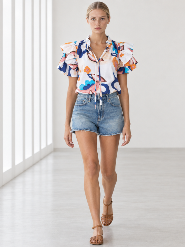 KATA RUFFLE FLUTTER-SLEEVE TOP