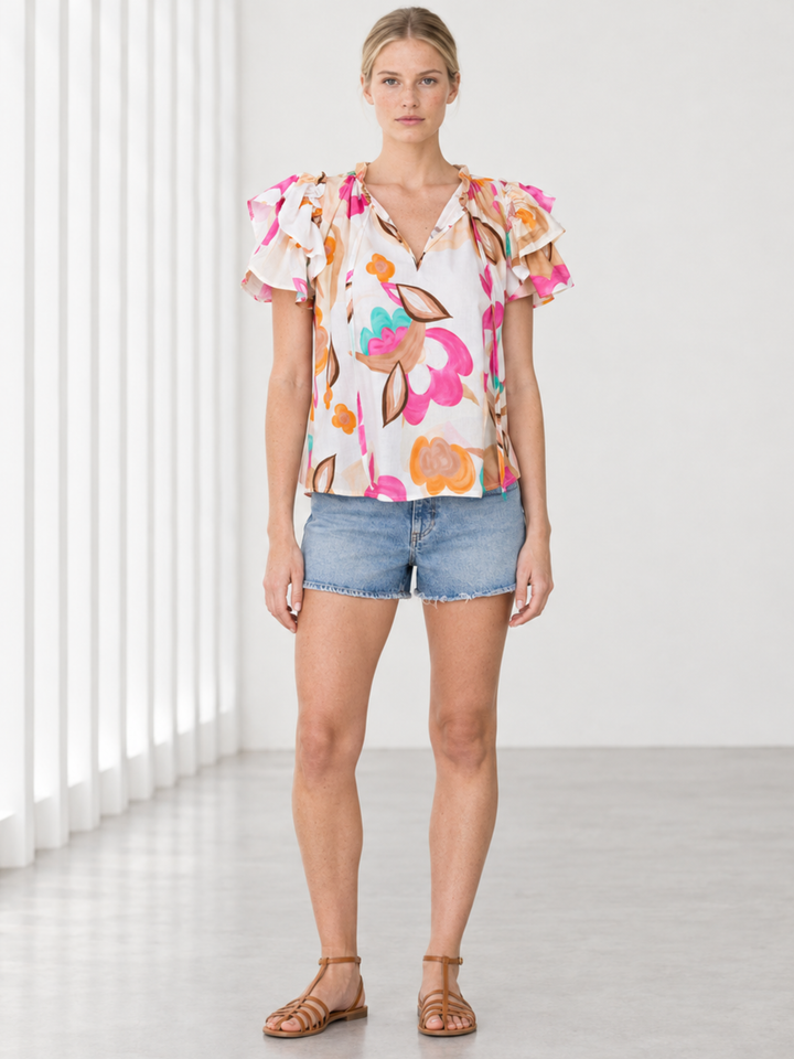KATA RUFFLE FLUTTER-SLEEVE TOP