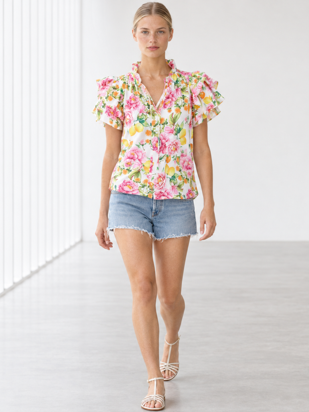 KATA RUFFLE FLUTTER-SLEEVE TOP