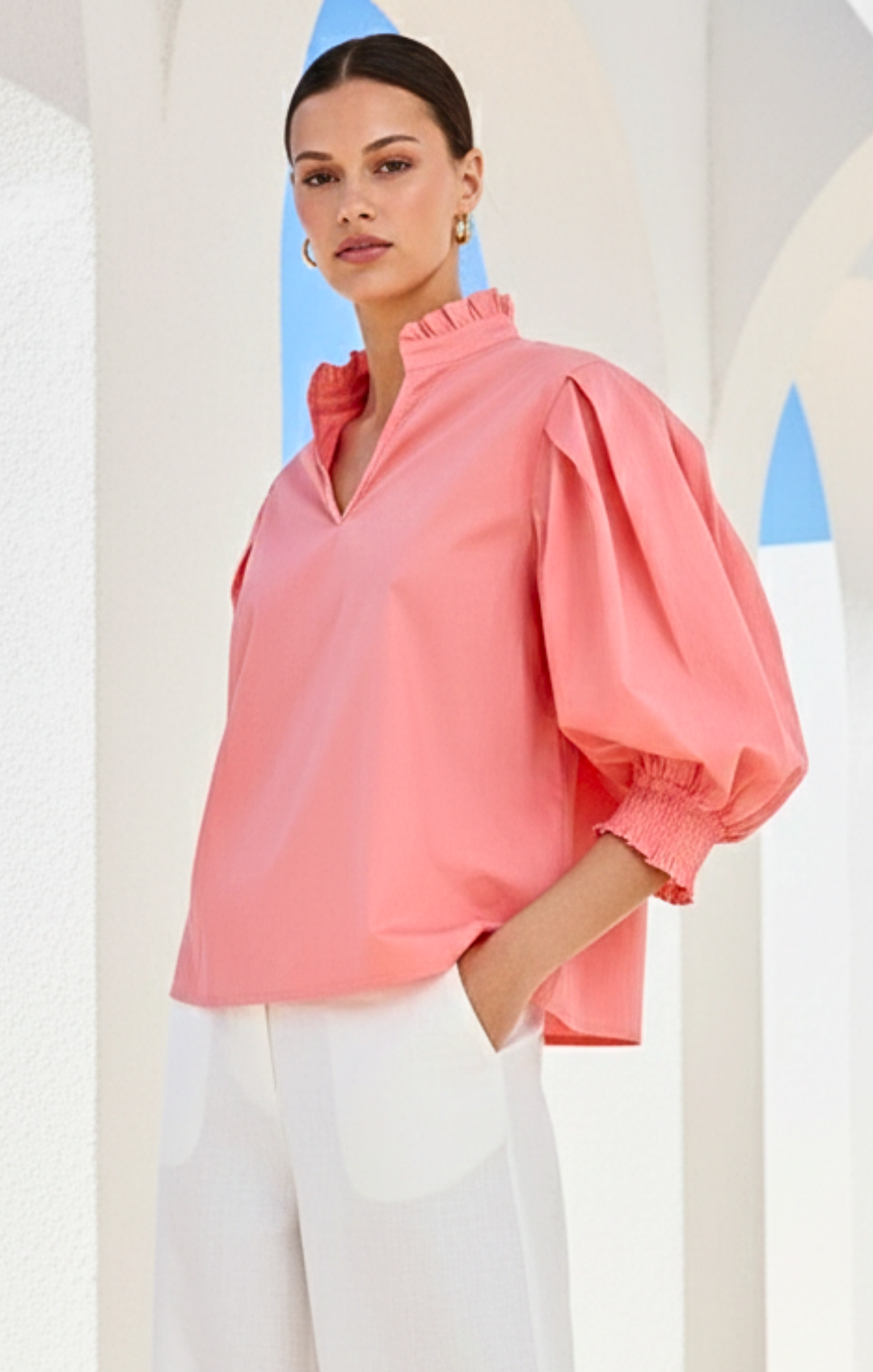 Mara High-Neck Smocked Top