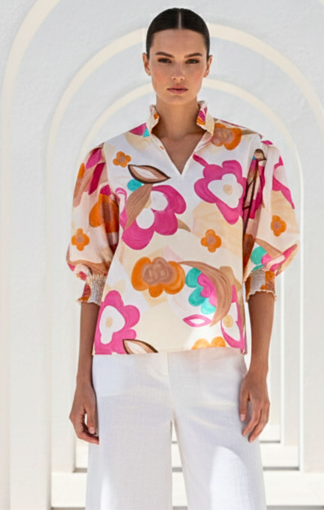 Mara High-Neck Smocked Top