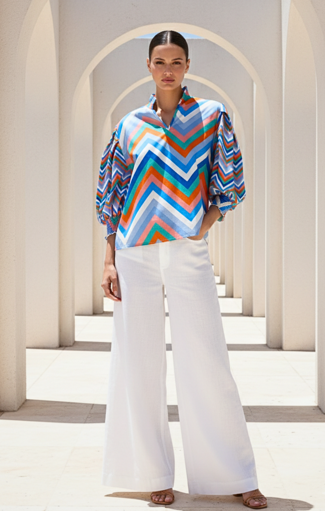 Mara High-Neck Smocked Top