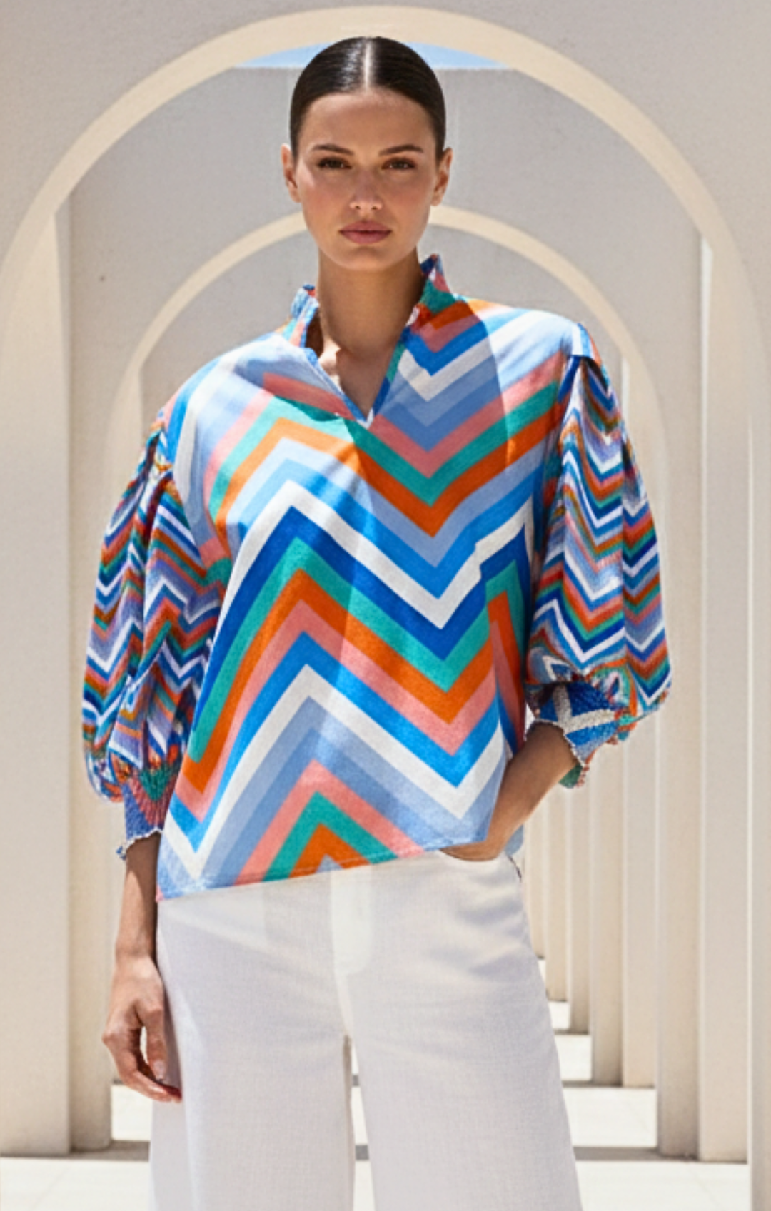 Mara High-Neck Smocked Top