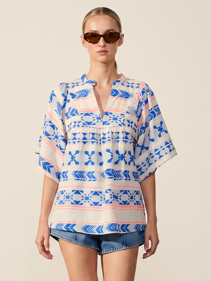 Miranda Boho Cotton Split-Neck Poncho Top