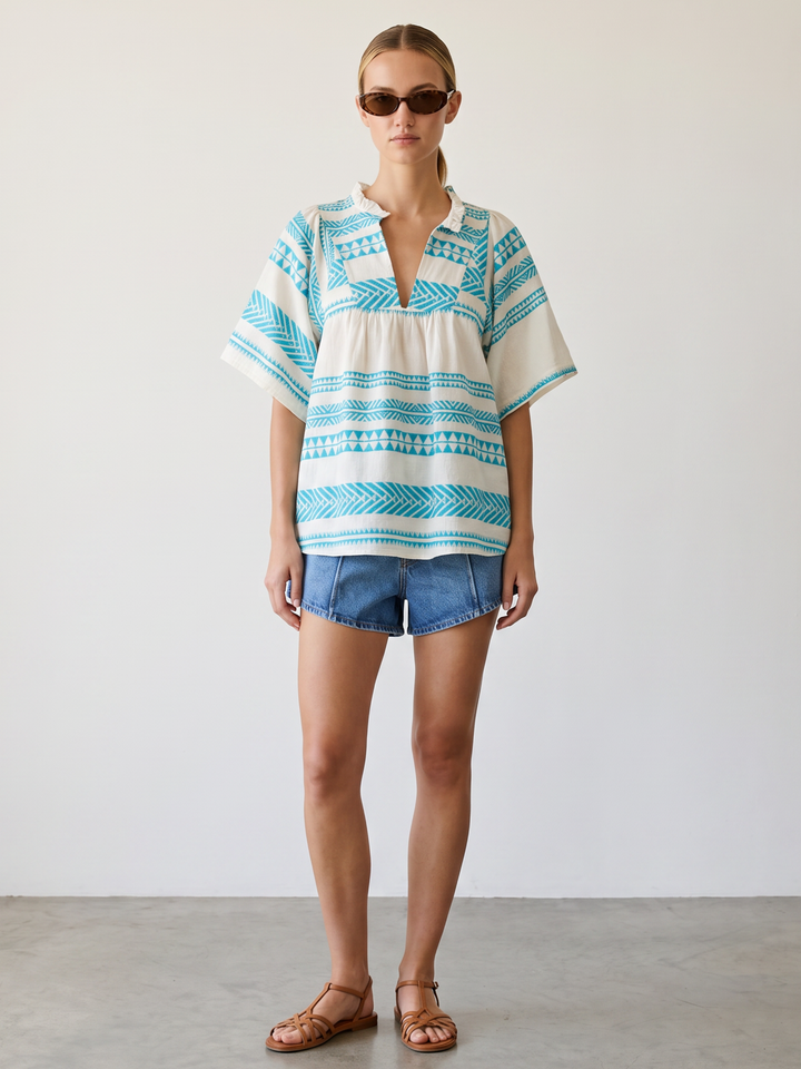 Miranda Boho Cotton Split-Neck Poncho Top