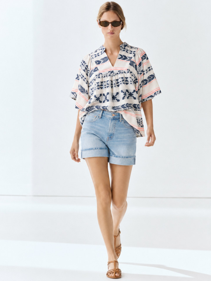 Miranda Boho Cotton Split-Neck Poncho Top