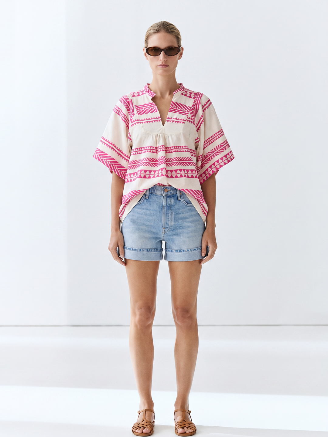 Miranda Boho Cotton Split-Neck Poncho Top