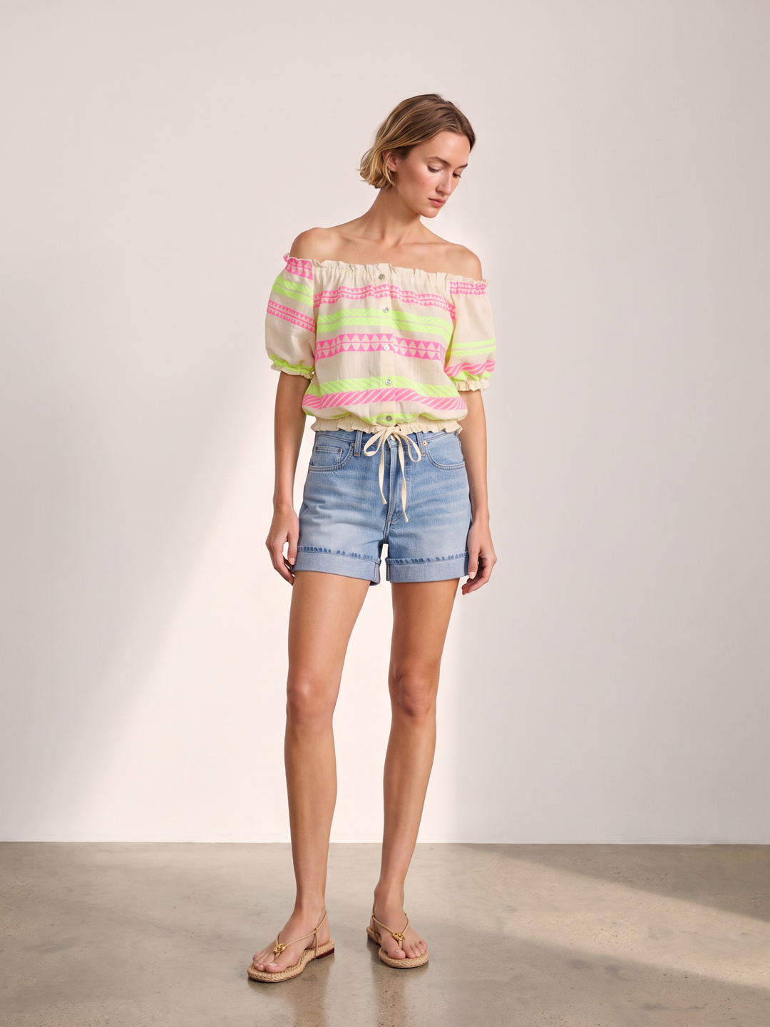 Nola Off-the-Shoulder Cropped Button-Down Boho Top